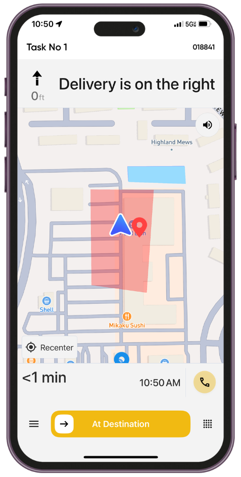 Mobile app map on an iPhone showing a red geofence zone for delivery location tracking.